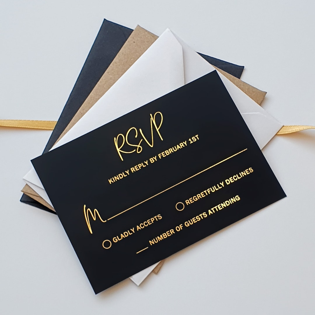 Vellum RSVP Card With Gold Foil and Handwritten Script. Wedding