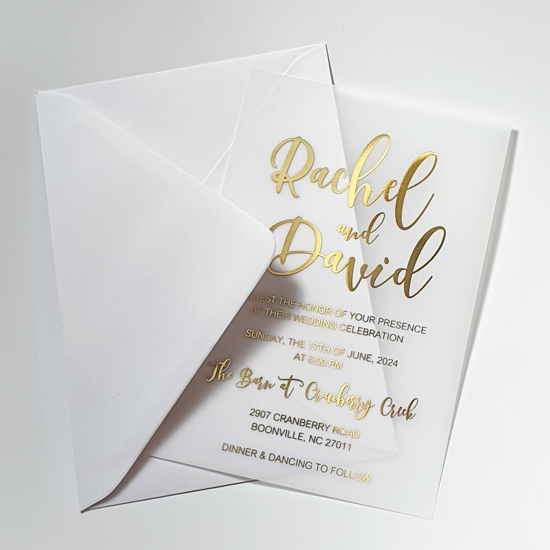  Clear Acrylic Wedding Invitation with Gold Foil. Luxury Vellum  Invite, Black or White Cardstock with Rose Gold, Silver or Holographic Foil  - Set of 10 : Handmade Products