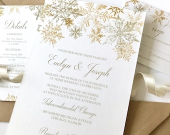 Gold Snowflake Winter Wedding Invitation Set • Pearl Shimmer Cardstock • RSVP & Details Cards