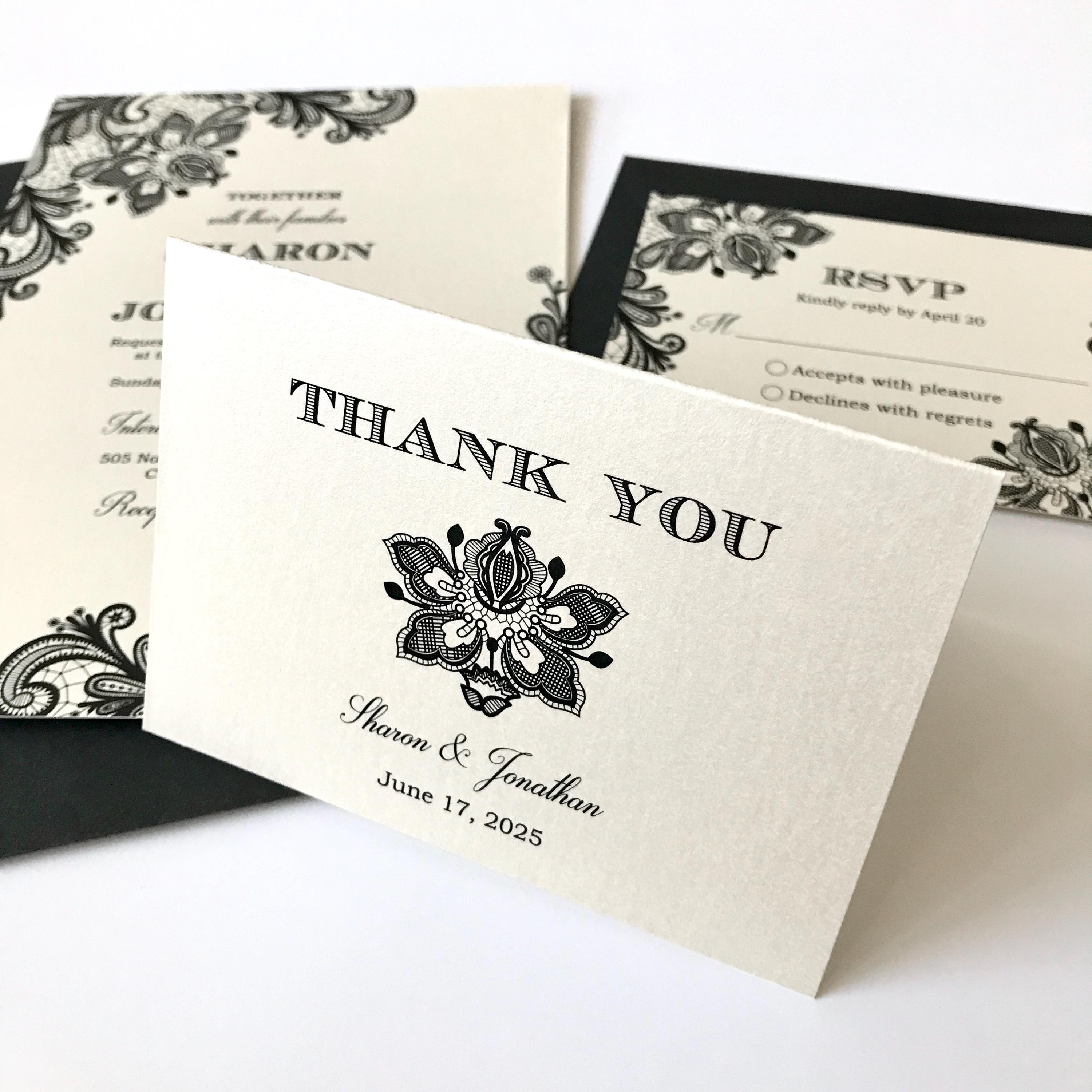 Black Lace Wedding Thank You Cards • Vintage Mini Folded Card With ...