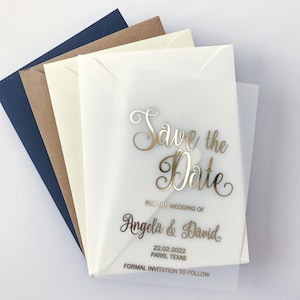 Save the Date Karte & Umschlag. Goldfolie Transparent Hochzeitseinladung, Silber, Rose Gold, Schwarz. Einzigartige Geburtstagsfeier einladen.
