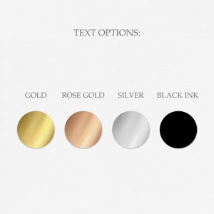 May include: Four color swatches showing text options for a product: gold, rose gold, silver, and black ink.