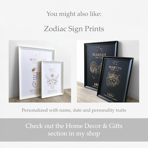 May include: Framed zodiac sign prints in white and black. The prints feature gold illustrations of zodiac symbols and personalized names and dates. The text on the prints includes "SCORPIO", "TAURUS", "LEO", and "MARIAH".