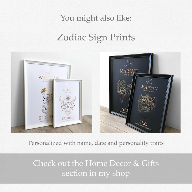 May include: Framed zodiac sign prints in white and black. The prints feature gold illustrations of zodiac symbols and personalized names and dates. The text on the prints includes "SCORPIO", "TAURUS", "LEO", and "MARIAH".