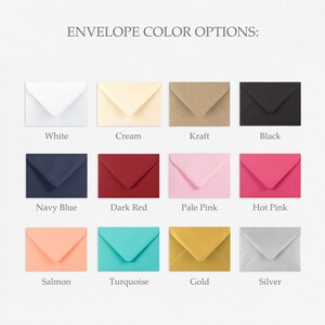 May include: A chart displaying 12 envelope colour options. The colours are: white, cream, kraft, black, navy blue, dark red, pale pink, hot pink, salmon, turquoise, gold, and silver.