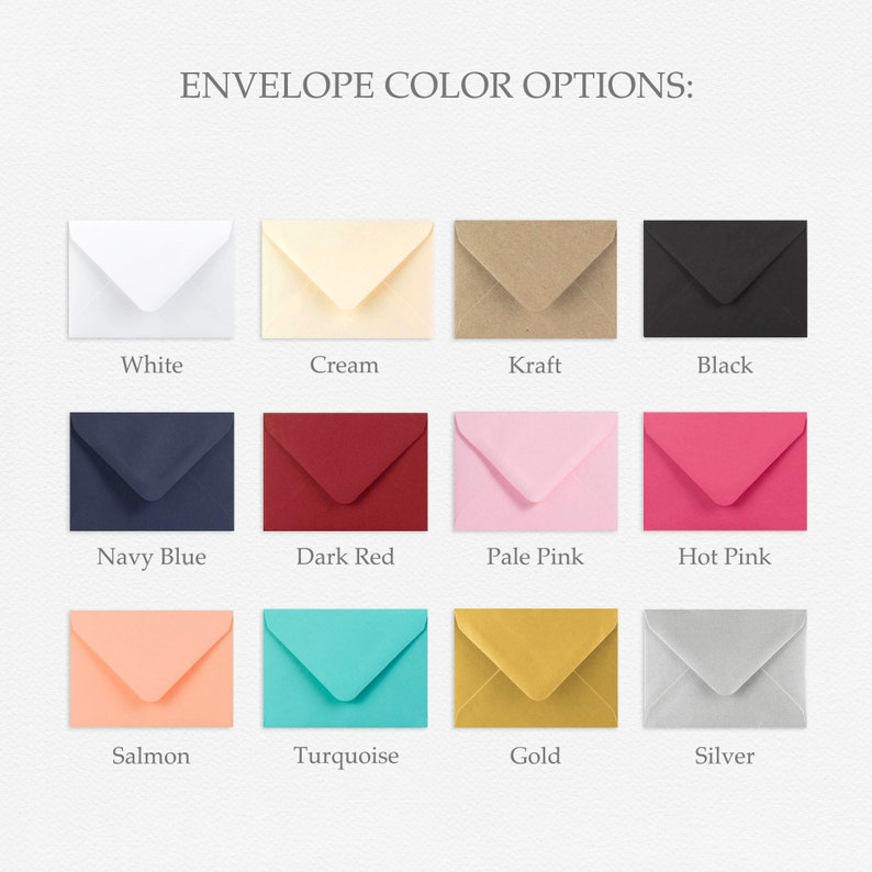 May include: A chart displaying 12 envelope colour options. The colours are: white, cream, kraft, black, navy blue, dark red, pale pink, hot pink, salmon, turquoise, gold, and silver.