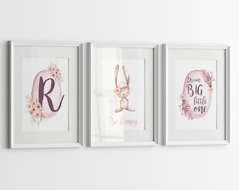 Personalized Nursery Prints – Custom Initial, Bunny “Be Happy” & Dream Big Quote Art (Set of 3)