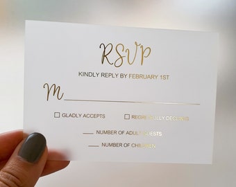 Gold Foil Vellum RSVP Card & Envelope. Wedding Invitation Response Insert - Clear Acrylic, Black or White Cardstock. Rose Gold, Silver Holo