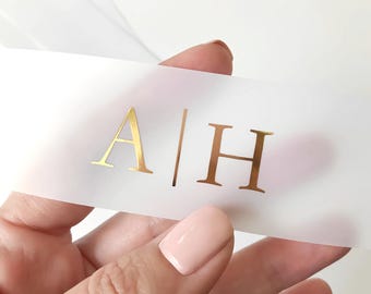 Gold Foil Initials Belly Bands for Wedding Invites • Transparent Vellum Invitation Wraps
