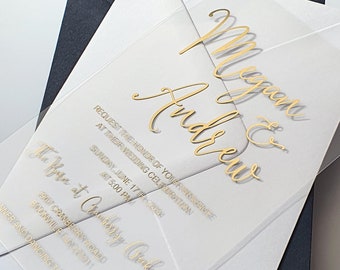 Gold Foil Clear Acrylic Wedding Invitation. Luxury Invite with Gold, Rose Gold, Silver or Holographic Foil