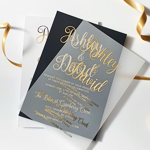 Invitación de boda en vitela con lámina dorada. Invitación de vitela de lujo, cartulina negra o blanca con lámina de oro rosa o plata