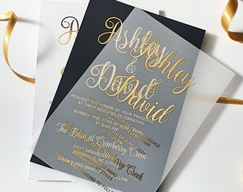 Vellum Wedding Invitation with Gold Foil. Luxury Vellum Invite, Black or White Cardstock with Rose Gold, Silver or Holographic Foil