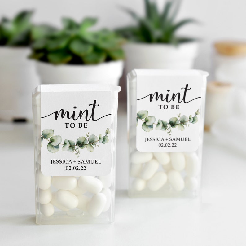 Eucalyptus Personalized Mint to Be Wedding Favor Sticker, Custom Candy Label with Green Watercolor Greenery. MINTS NOT INCLUDED image 1