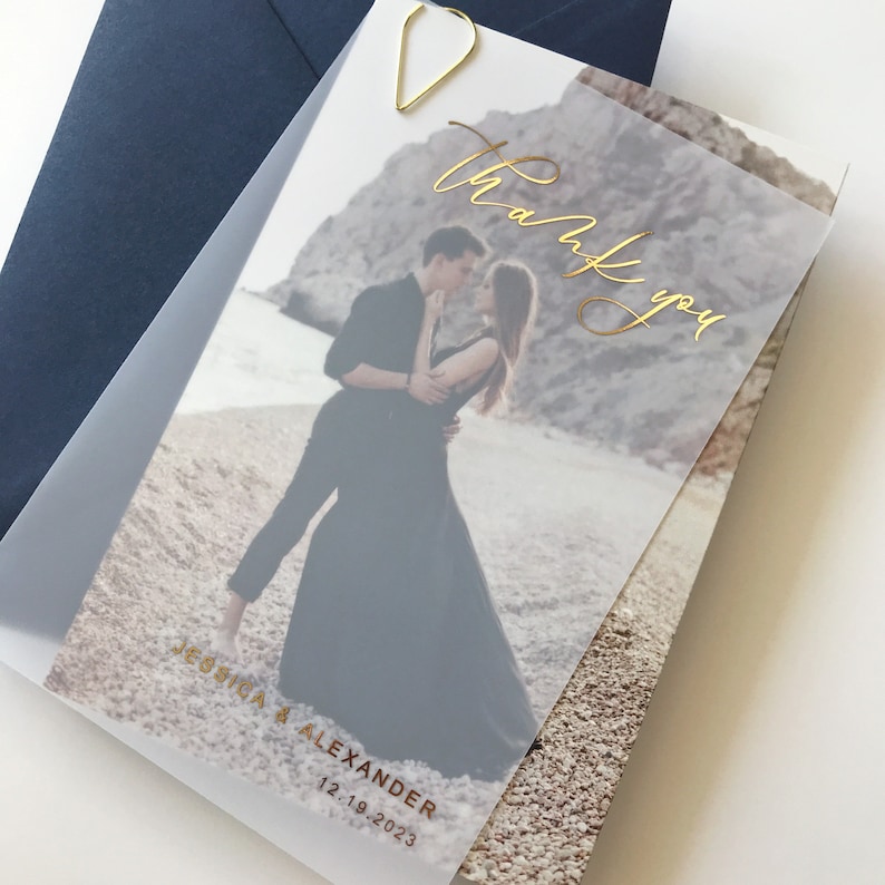 Wedding Thank You Vellum Card with Gold Foil. Semi Transparent, Frosted Layered Card with Bride and Groom Photo Backing Rose Gold, Silver image 5