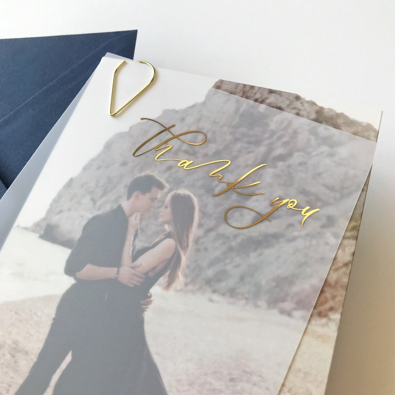 Wedding Thank You Vellum Card with Gold Foil. Semi Transparent, Frosted Layered Card with Bride and Groom Photo Backing Rose Gold, Silver image 7