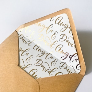 Custom Gold Foiled Wedding Envelope Liner. Personalized Luxury Invitation Envelope With Bride & Groom Names. Fancy Cursive Font Stationery.