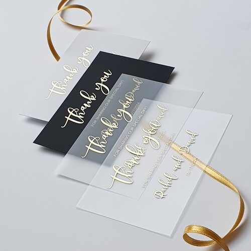 Mini carte de remerciement pour mariage en feuille d'or • Acrylique transparent, papier vélin, noir ou blanc