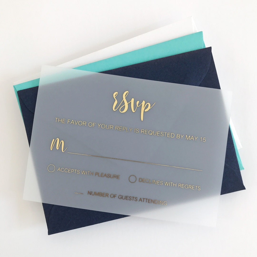 Vellum RSVP Card With Gold Foil, Modern Handwritten Script. Wedding