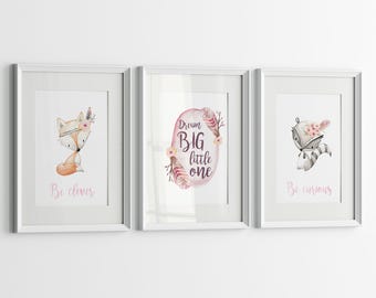 Nursery Wall Art Set – Watercolor Baby Animal Prints & “Dream Big Little One” Inspirational Quote