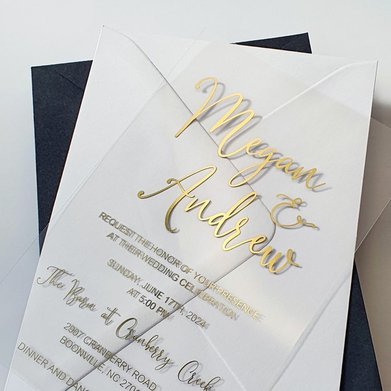 Clear Acrylic Wedding Invitation with Gold Foil. Luxury Invite with Rose Gold, Silver or Holographic Foil image 4