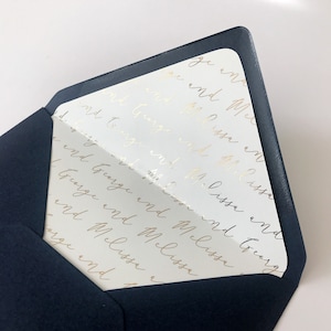 Gold Foil Calligraphy Wedding Envelope Liner, Personalized Envelope, Custom Invitation with Bride & Groom Names - Rose, Gold, Silver, Black.