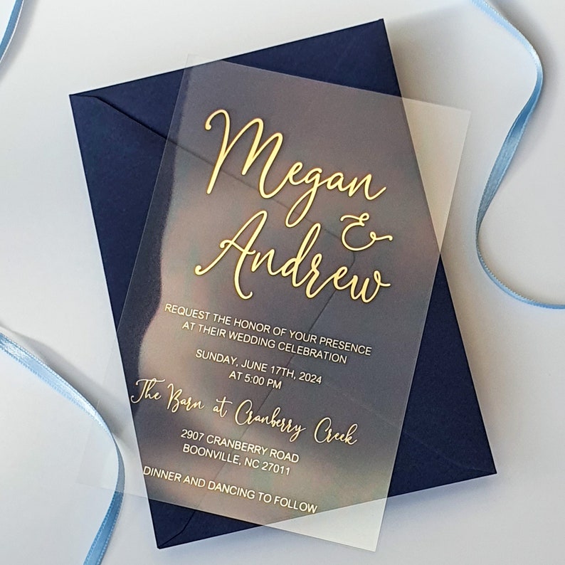 Clear Acrylic Wedding Invitation with Gold Foil. Luxury Invite with Rose Gold, Silver or Holographic Foil image 1