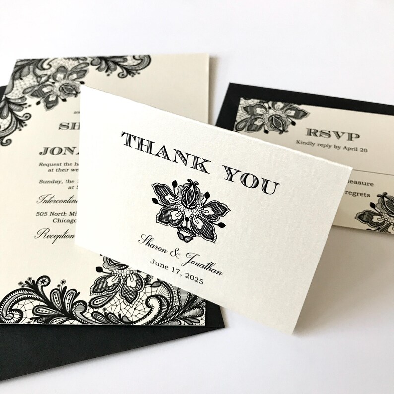 Black Lace Wedding Thank You Cards • Vintage Mini Folded Card With ...