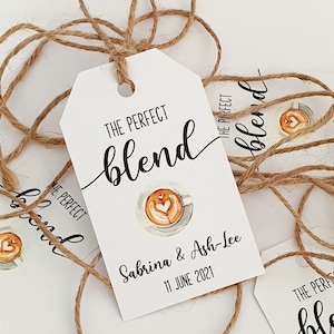 Custom Wedding Favor Tag &quot;Perfect Blend&quot; Theme, Watercolor Thank You Tag, Custom Coffee Cup Gift Label, Bridal Shower, Personalized Wedding.