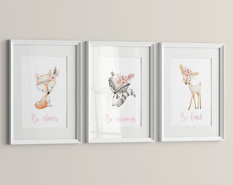 Woodland Nursery Prints – Set of 3 Watercolor Baby Animals (Fox, Raccoon & Deer) Wall Art