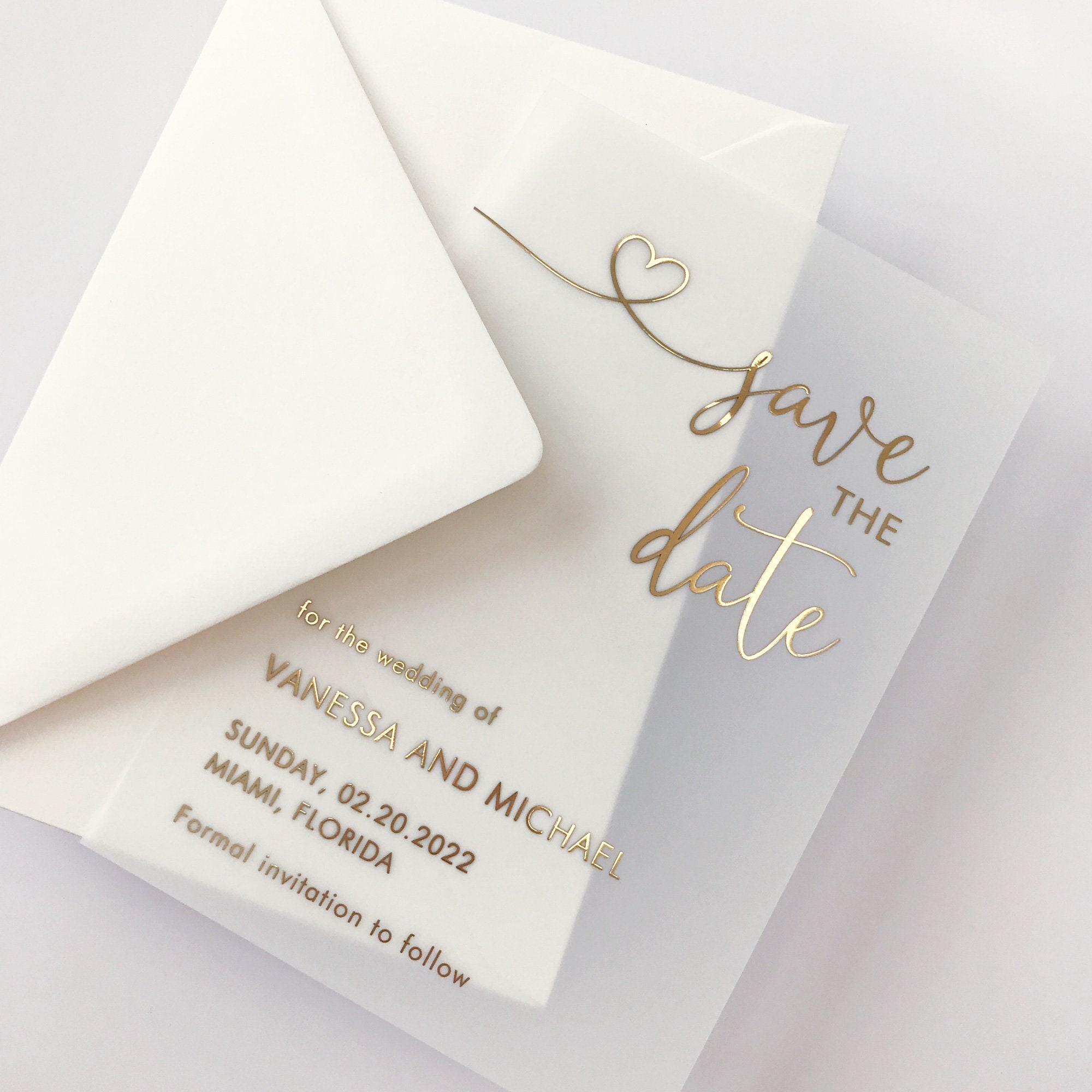 Gold Foil Vellum Save the Date Card with Heart. Transparent Wedding Invitation, Silver, Holo, Rose Gold, Black. Unique Invite & Envelope.