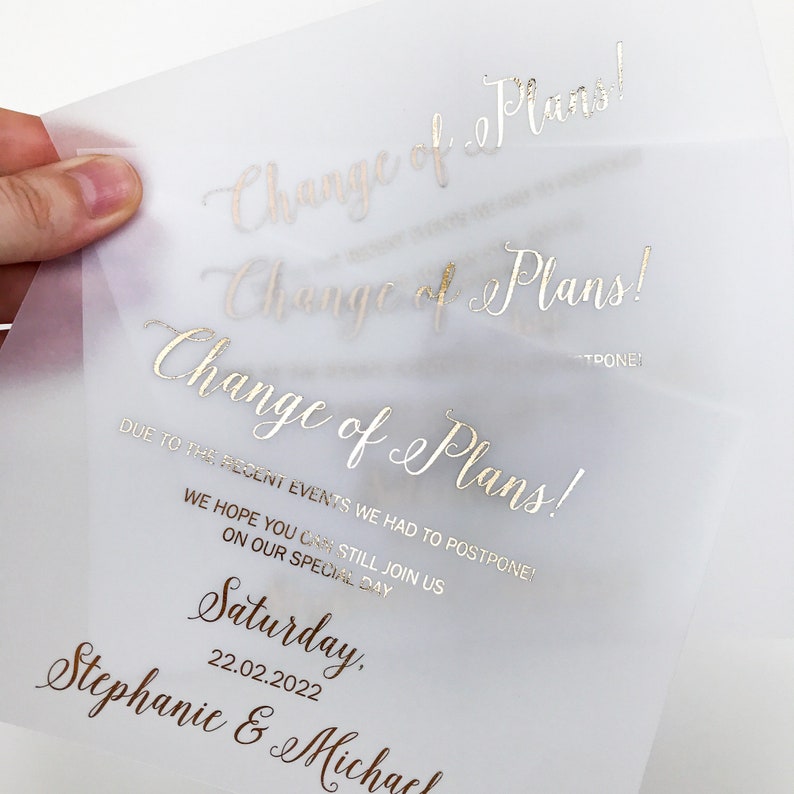 Rose Gold Foil Save the Dates Silver Save the New Date Invitation with Couple/'s Photo Gold Change of Plans Gold Foiled Vellum Photo Card