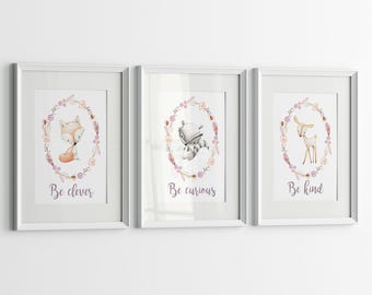 Woodland Baby Animal Prints – Set of 3 Watercolor Nursery Posters with Fox, Raccoon & Deer Inspirational Quotes