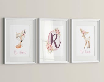 Personalized Nursery Wall Art – Set of 3 Watercolor Baby Animal Prints with Custom Initial
