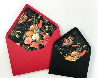 Luxury Black Wedding Invitation Envelope Liners • Dark Floral Dutch Golden Age Art • Baroque Botanical Stationery