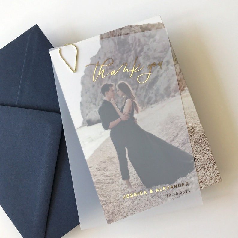 Wedding Thank You Vellum Card with Gold Foil. Semi Transparent, Frosted Layered Card with Bride and Groom Photo Backing Rose Gold, Silver image 1