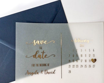 Calendar Gold Foil Vellum Save the Date Card and Envelope. Wedding Invitation Personalized with Bride & Groom name, Silver, Rose Gold, Black