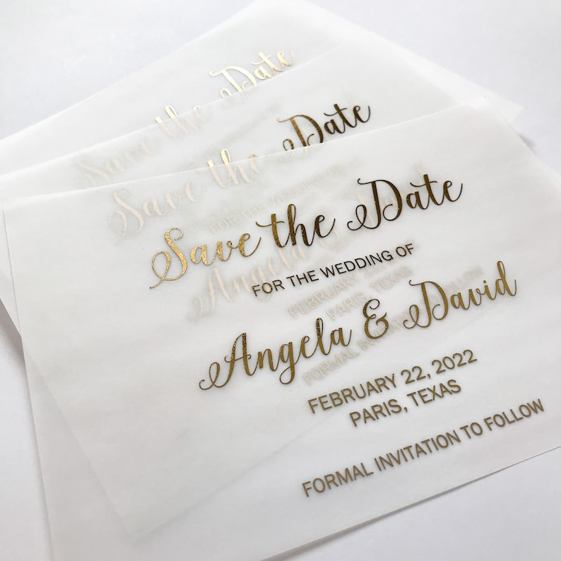 Black. Rose Gold Silver Gold Foil Vellum Save the Date Card and Envelope Wedding Invitation personalized with Bride /& Groom/'s name