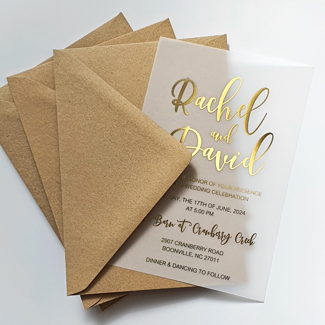 Gold Foil Vellum Wedding Invitation. Luxury Vellum Invite, Black or