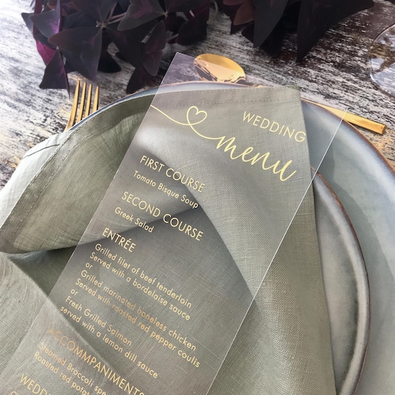 Clear Acrylic Wedding Menus – Romantic Gold Foil Heart Design, Personalized Menu Cards
