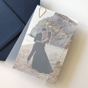 Wedding Thank You Vellum Card with Gold Foil. Semi Transparent, Frosted Layered Card with Bride and Groom Photo Backing Rose Gold, Silver image 4
