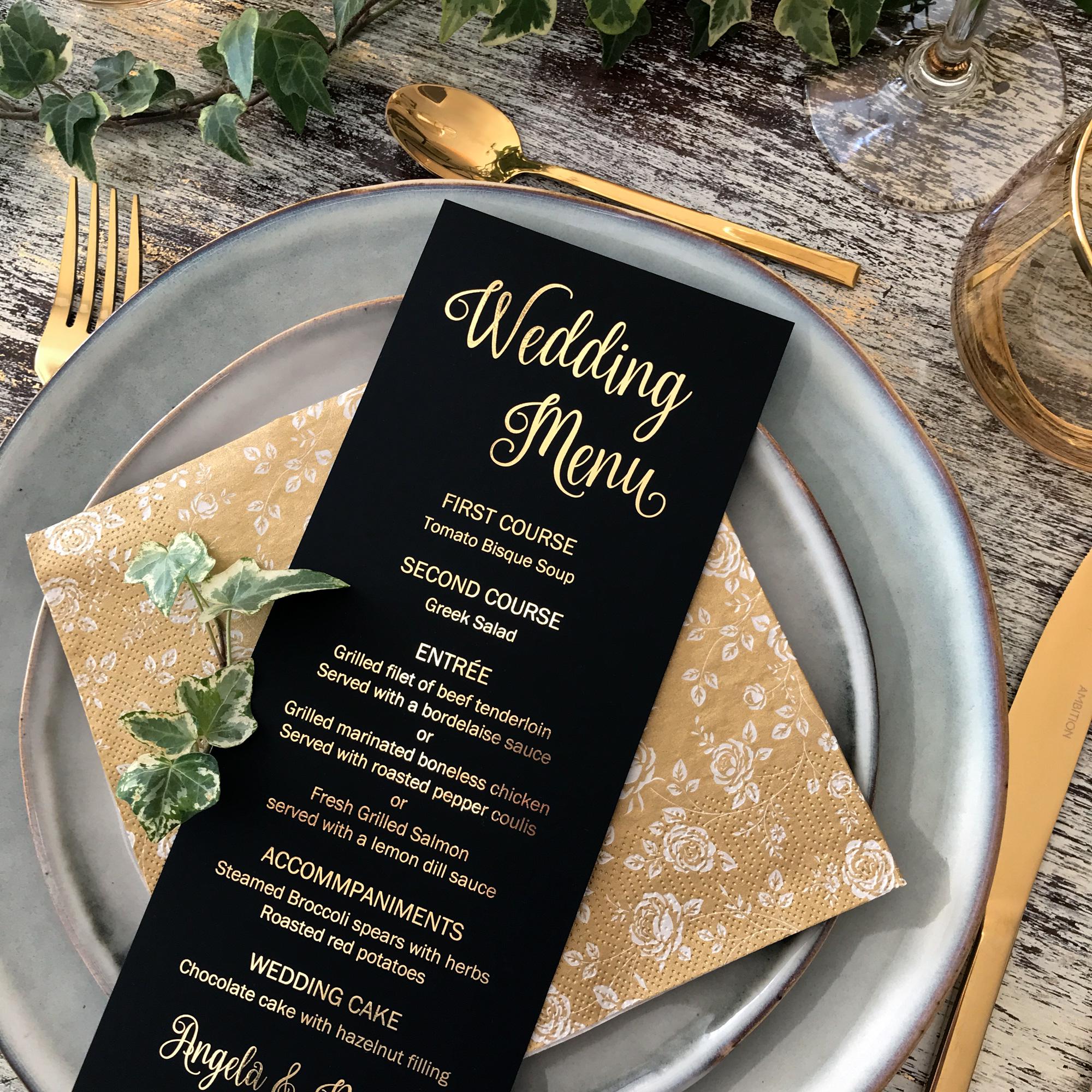 Gold & Black Wedding Menu, Personalized Custom Menu. Printed on Vellum, White or Black Card Stock with Gold, Rose Gold or Silver Foil.
