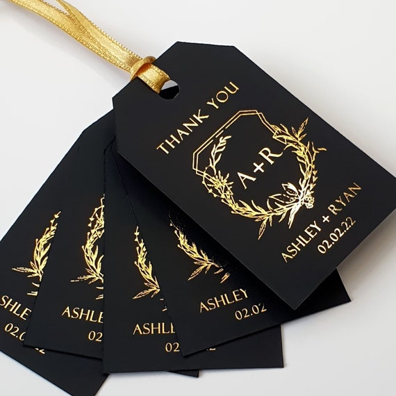 Gold Foil Wedding Crest Favor Tag • Initials Thank You Luxury Label • Rose Gold • Silver