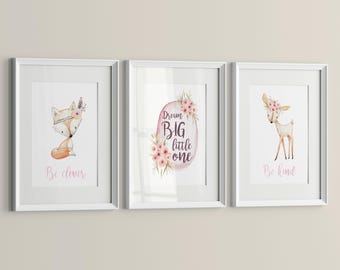 Baby Girl Nursery Wall Art Decor – Set of 3 Watercolor Animal Prints & Inspirational Quote