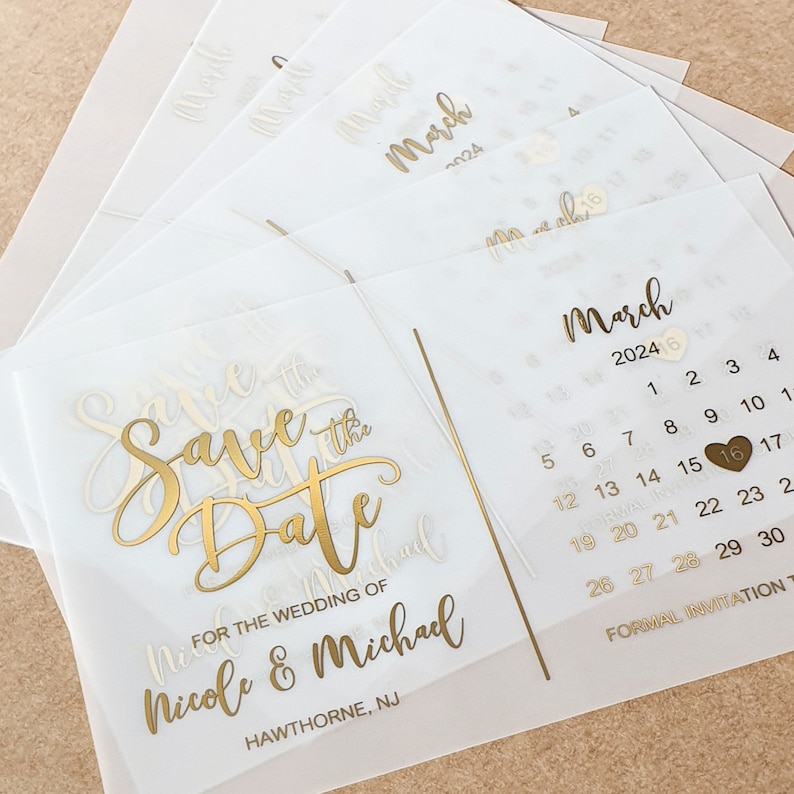 May include: Save the date card with gold lettering on a clear background. The card features a calendar with the date March 16, 2024 highlighted. The text reads "Save the Date for the wedding of Nicole & Michael, Hawthorne, NJ."