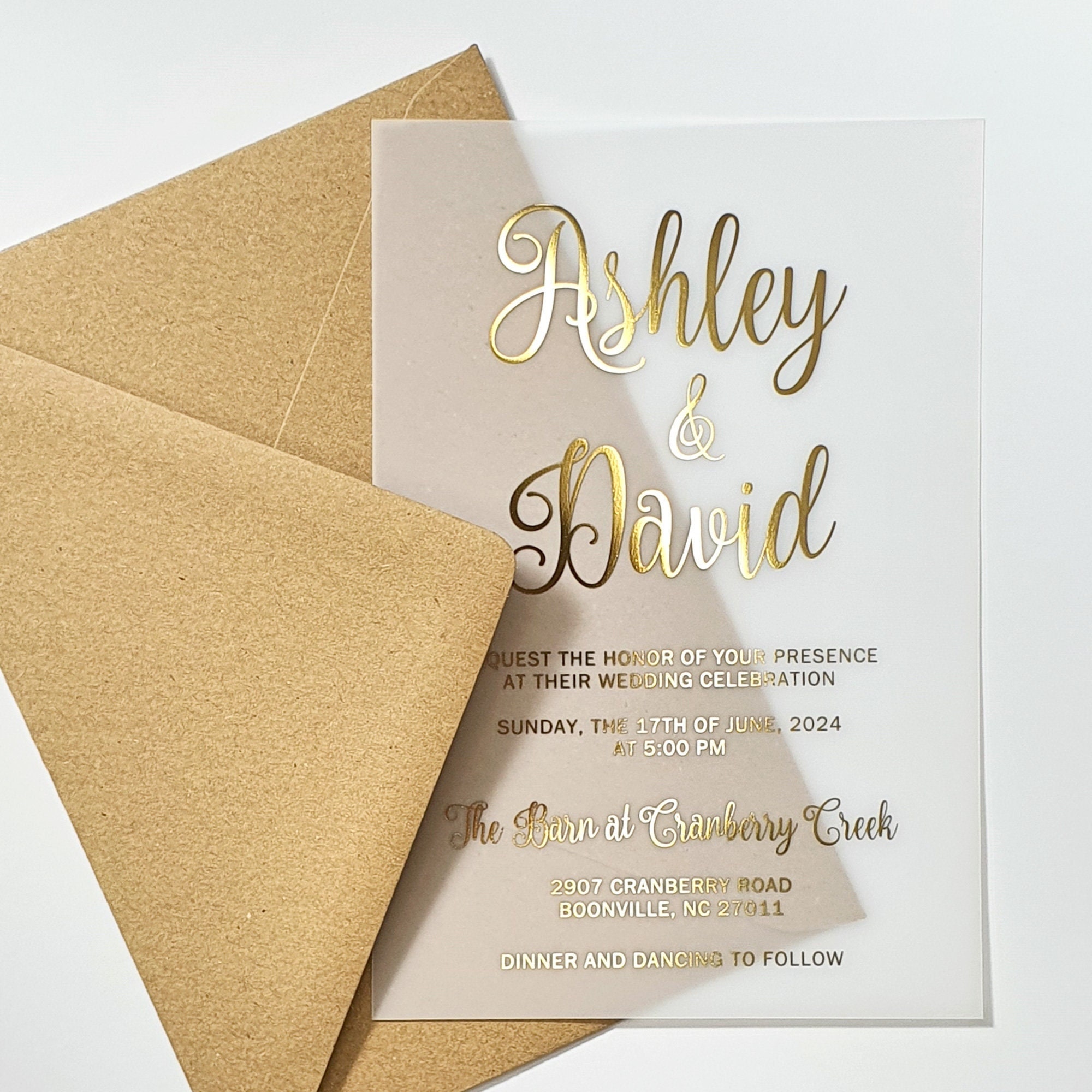  Clear Acrylic Wedding Invitation with Gold Foil. Luxury Vellum  Invite, Black or White Cardstock with Rose Gold, Silver or Holographic Foil  - Set of 10 : Handmade Products