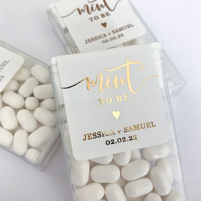 Gold Foil Personalized Mint to Be Wedding Favor Sticker, Custom Candy Label. Bridal Shower Gift with Silver / Rose Gold. MINTS NOT INCLUDED zdjęcie 1