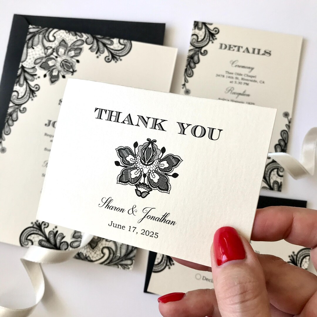 Black Lace Wedding Thank You Cards • Vintage Mini Folded Card With ...