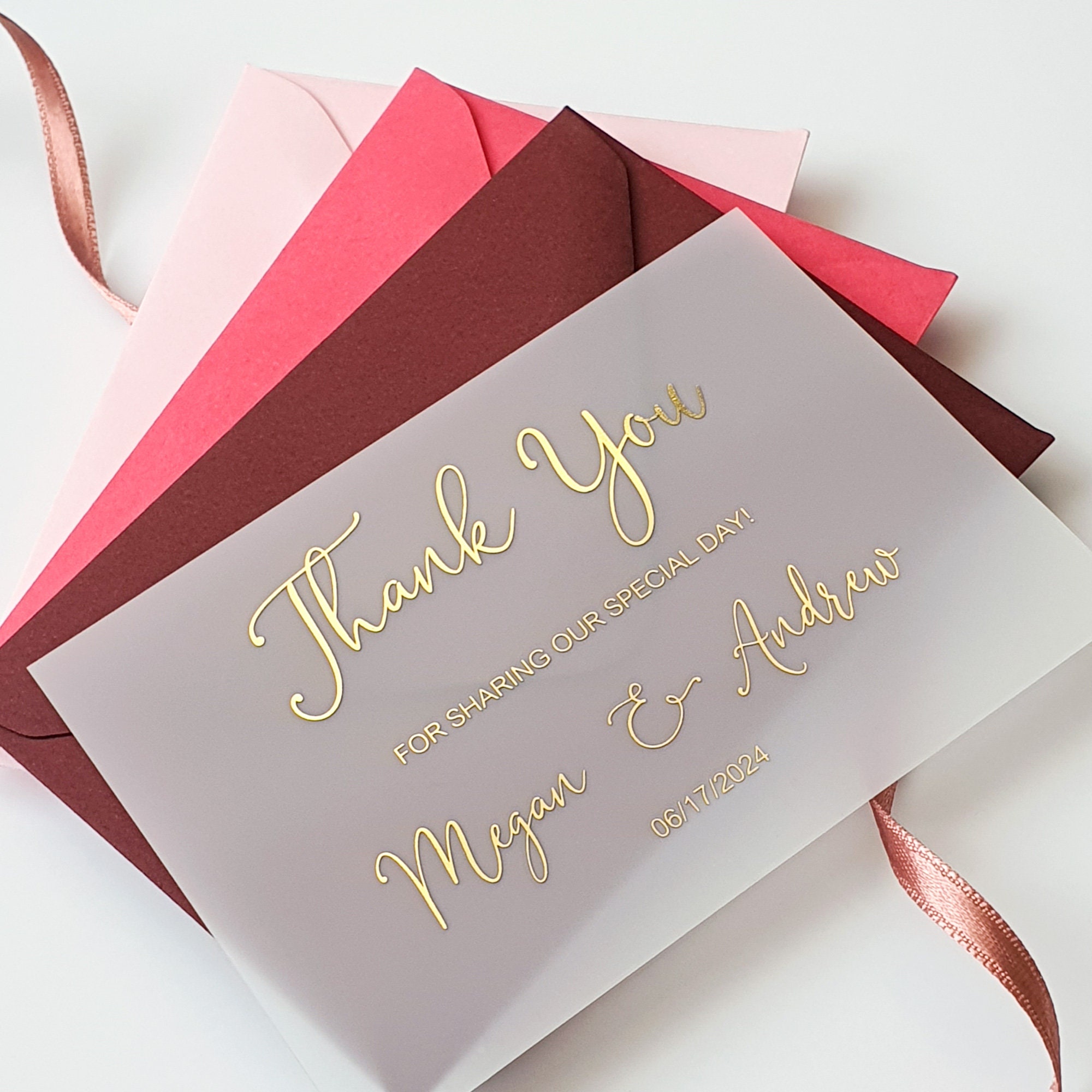 Biglietto di ringraziamento per matrimonio con foto in lamina d'oro • Carta velina semitrasparente • Nomi e data personalizzati - Italia