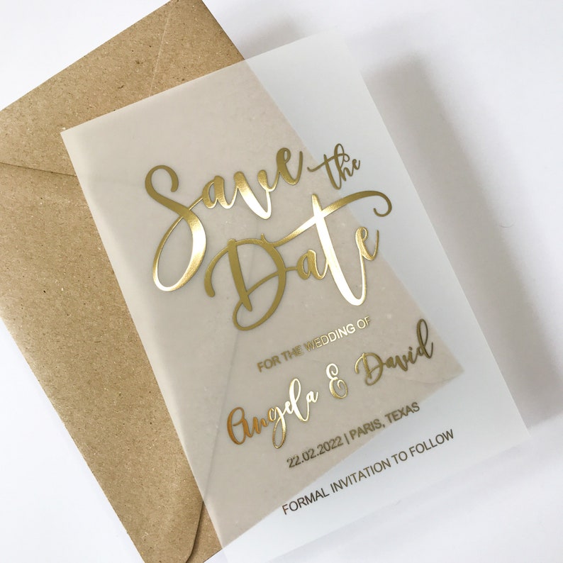 Luxury Vellum Save the Date Card & Envelope. Gold Foil Wedding Etsy