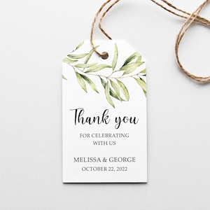Botanical Wedding Favor Tag, Watercolor Greenery Thank You Tag, Willow Green Leaf Gift Label, Bridal or Baby Shower Personalized Party Tag.